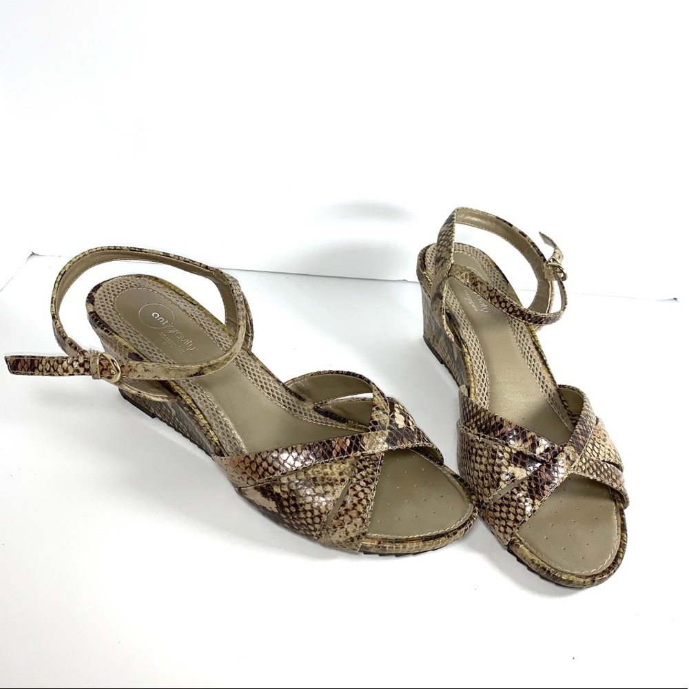 Snake skin wedge ankle strap sandals
